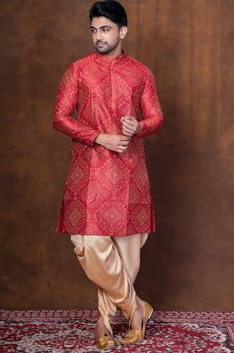 Red dupion kurta patiala set for men with embroidered work