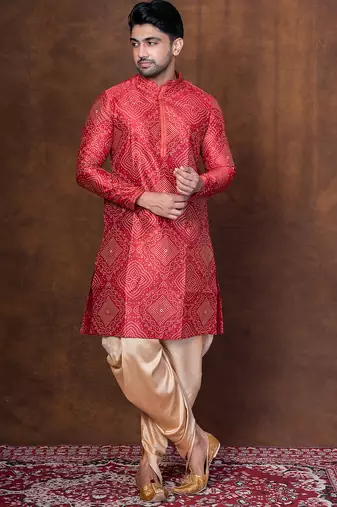 Red dupion kurta patiala set for men with embroidered work