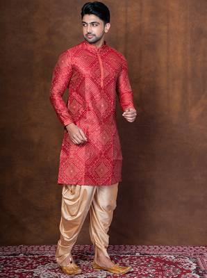 Red dupion kurta patiala set for men with embroidered work 2
