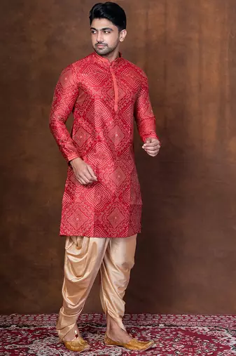 Red dupion kurta patiala set for men with embroidered work