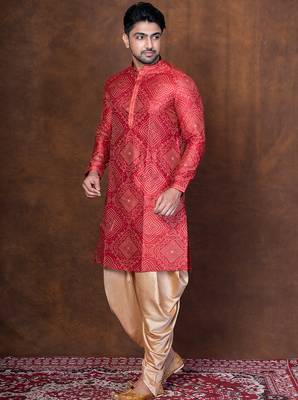 Red dupion kurta patiala set for men with embroidered work 3