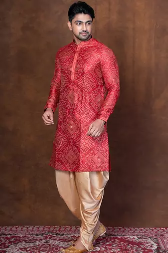 Red dupion kurta patiala set for men with embroidered work
