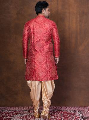 Red dupion kurta patiala set for men with embroidered work 4