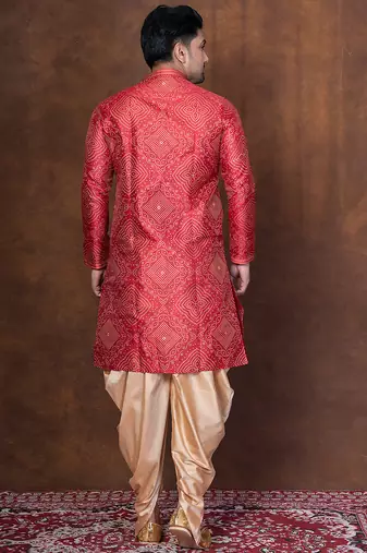 Red dupion kurta patiala set for men with embroidered work