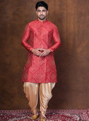 Red dupion kurta patiala set for men with embroidered work 5