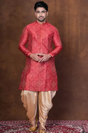 Red dupion kurta patiala set for men with embroidered work