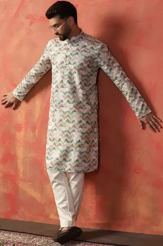Green cotton blend kurta pajama set for men with printed design