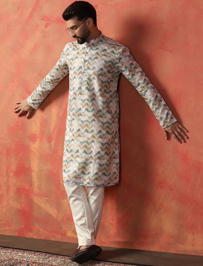 Green cotton blend kurta pajama set for men with printed design
