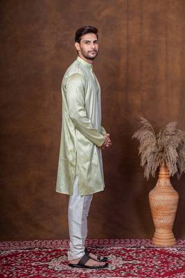Green dupion kurta for men with solid print 3