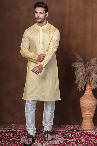 Yellow dupion kurta for men with solid print