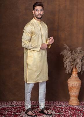 Yellow dupion kurta for men with solid print 3