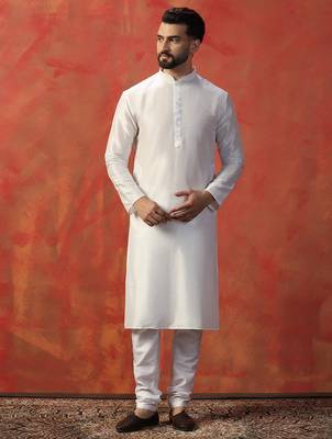 White slub dupion kurta pajama set for men with solid print 1