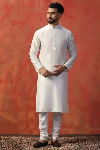White slub dupion kurta pajama set for men with solid print
