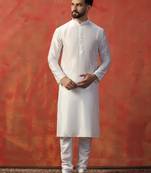 White slub dupion kurta pajama set for men with solid print
