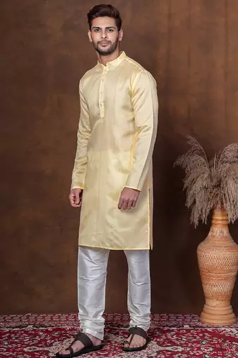Yellow dupion kurta for men with solid print