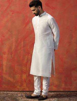 White slub dupion kurta pajama set for men with solid print 3