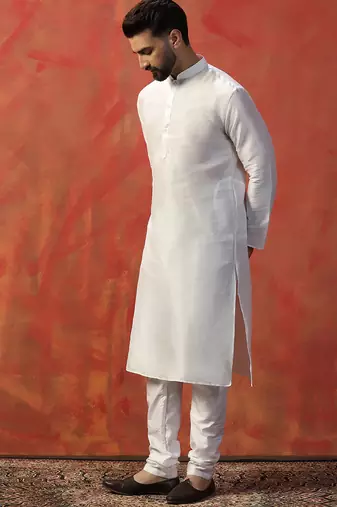 White slub dupion kurta pajama set for men with solid print