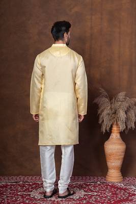 Yellow dupion kurta for men with solid print 5