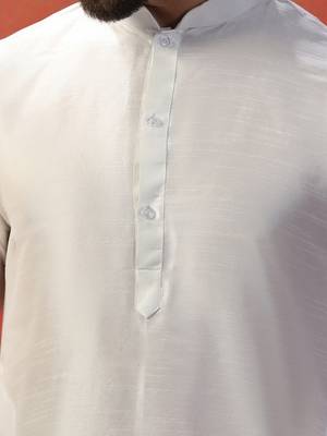 White slub dupion kurta pajama set for men with solid print 5