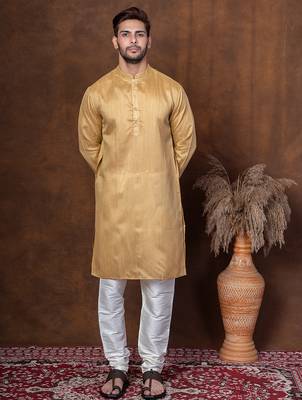 Beige dupion kurta for men with solid print 1