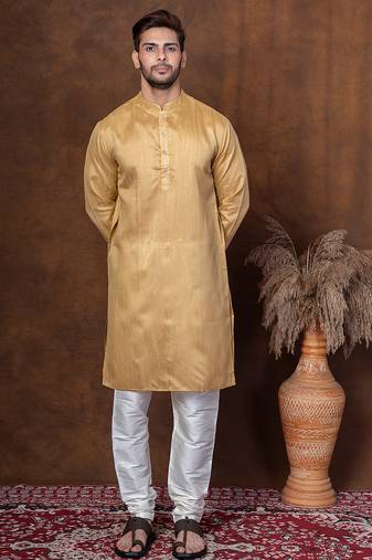 Beige dupion kurta for men with solid print