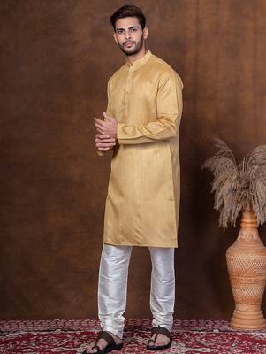 Beige dupion kurta for men with solid print 3