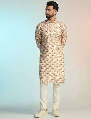Brown cotton blend kurta pajama set for men with printed design 1