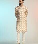 Brown cotton blend kurta pajama set for men with printed design
