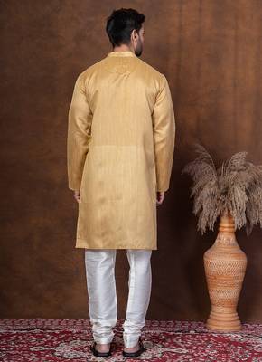 Beige dupion kurta for men with solid print 4