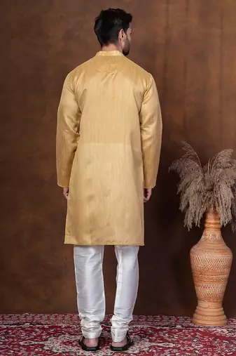 Beige dupion kurta for men with solid print