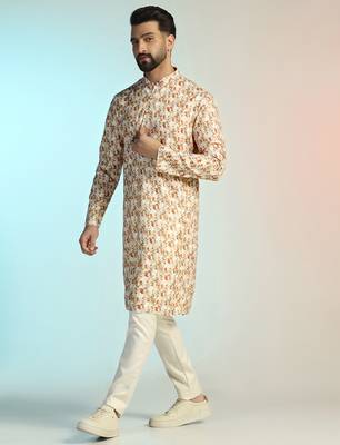 Brown cotton blend kurta pajama set for men with printed design 2