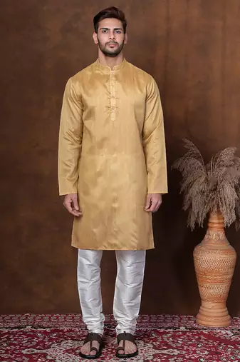 Beige dupion kurta for men with solid print