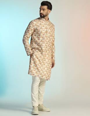 Brown cotton blend kurta pajama set for men with printed design 3