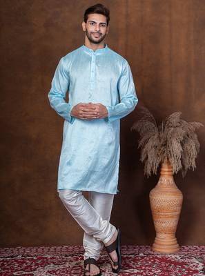Sku blue dupion kurta for men with solid print 1
