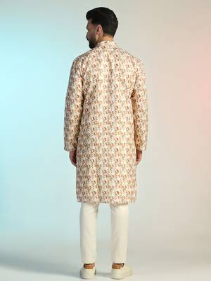 Brown cotton blend kurta pajama set for men with printed design 4