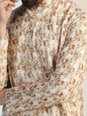 Brown cotton blend kurta pajama set for men with printed design 5