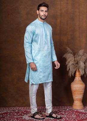 Sku blue dupion kurta for men with solid print 2