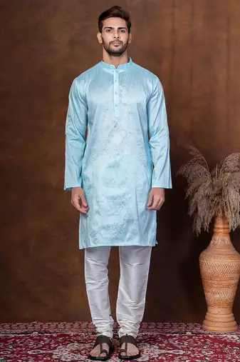 Sku blue dupion kurta for men with solid print