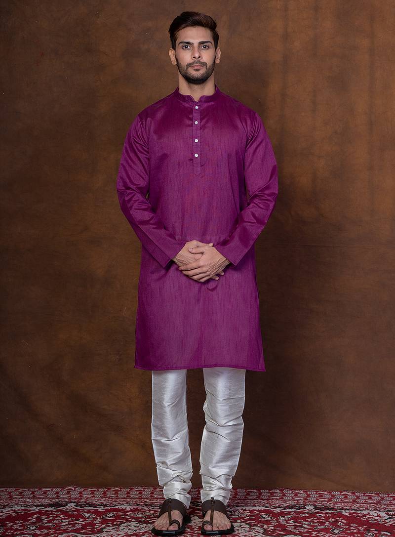 Purple dupion kurta for men with solid print