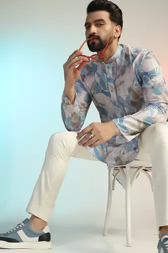Blue cotton blend kurta pajama set for men with printed design