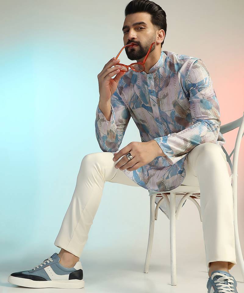 Blue cotton blend kurta pajama set for men with printed design