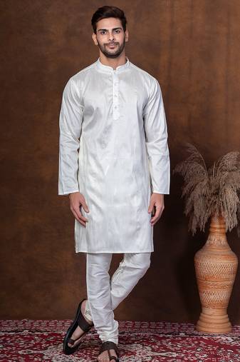 Off white dupion kurta for men with solid print