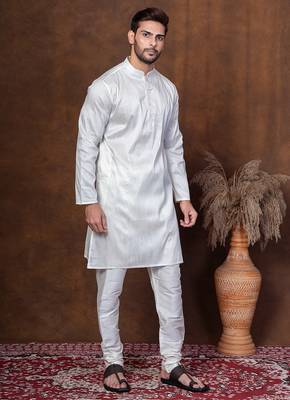 Off white dupion kurta for men with solid print 2
