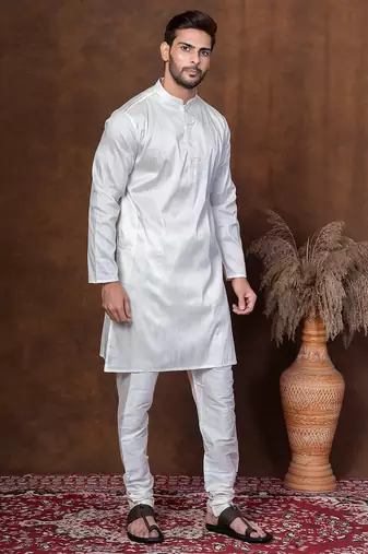 Off white dupion kurta for men with solid print