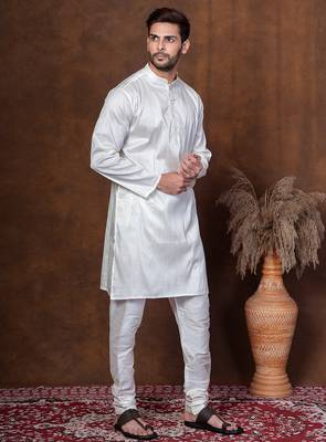 Off white dupion kurta for men with solid print 3