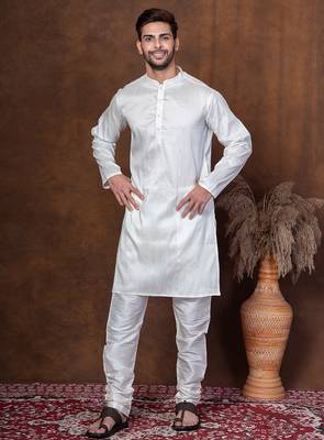 Off white dupion kurta for men with solid print 5
