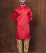 Red dupion kurta for men with solid print