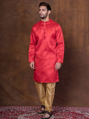 Red dupion kurta for men with solid print 2