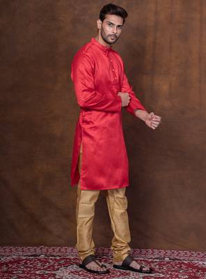 Red dupion kurta for men with solid print 3