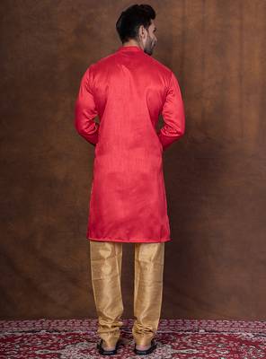 Red dupion kurta for men with solid print 4